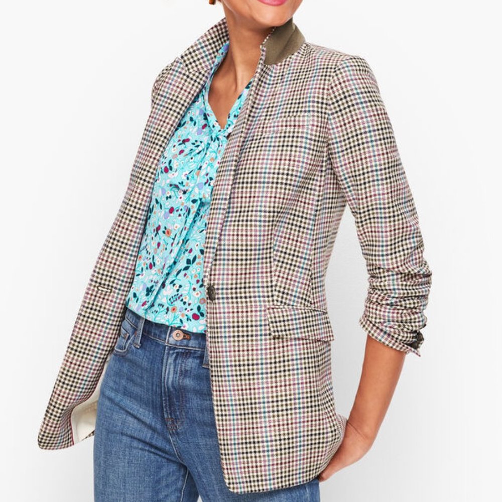 Talbots Long Plaid Blazer multicolored wool blend pink, teal, olive green, ivory